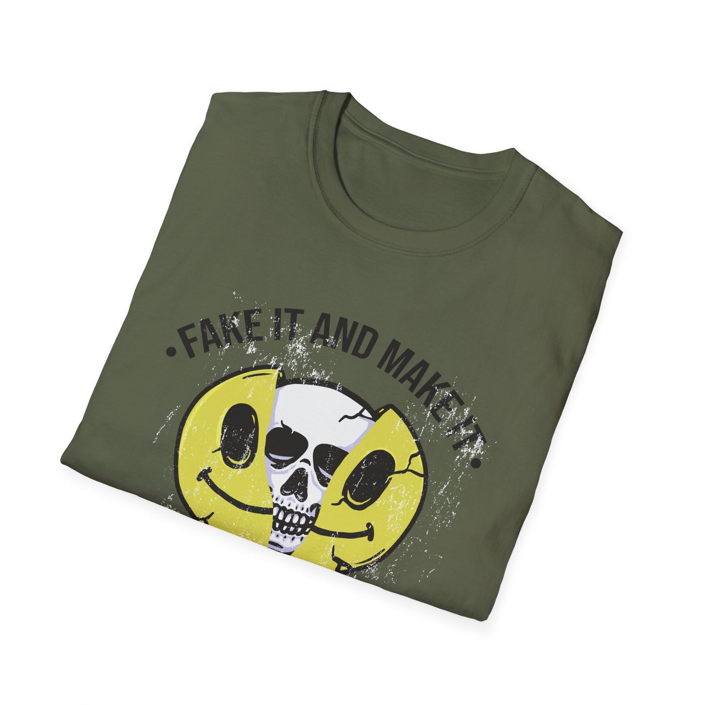 Fake It And Make It Skull T-Shirt - Edgy Cracked Smiley Grunge Aesthetic Tee for Bold Style & Motivation