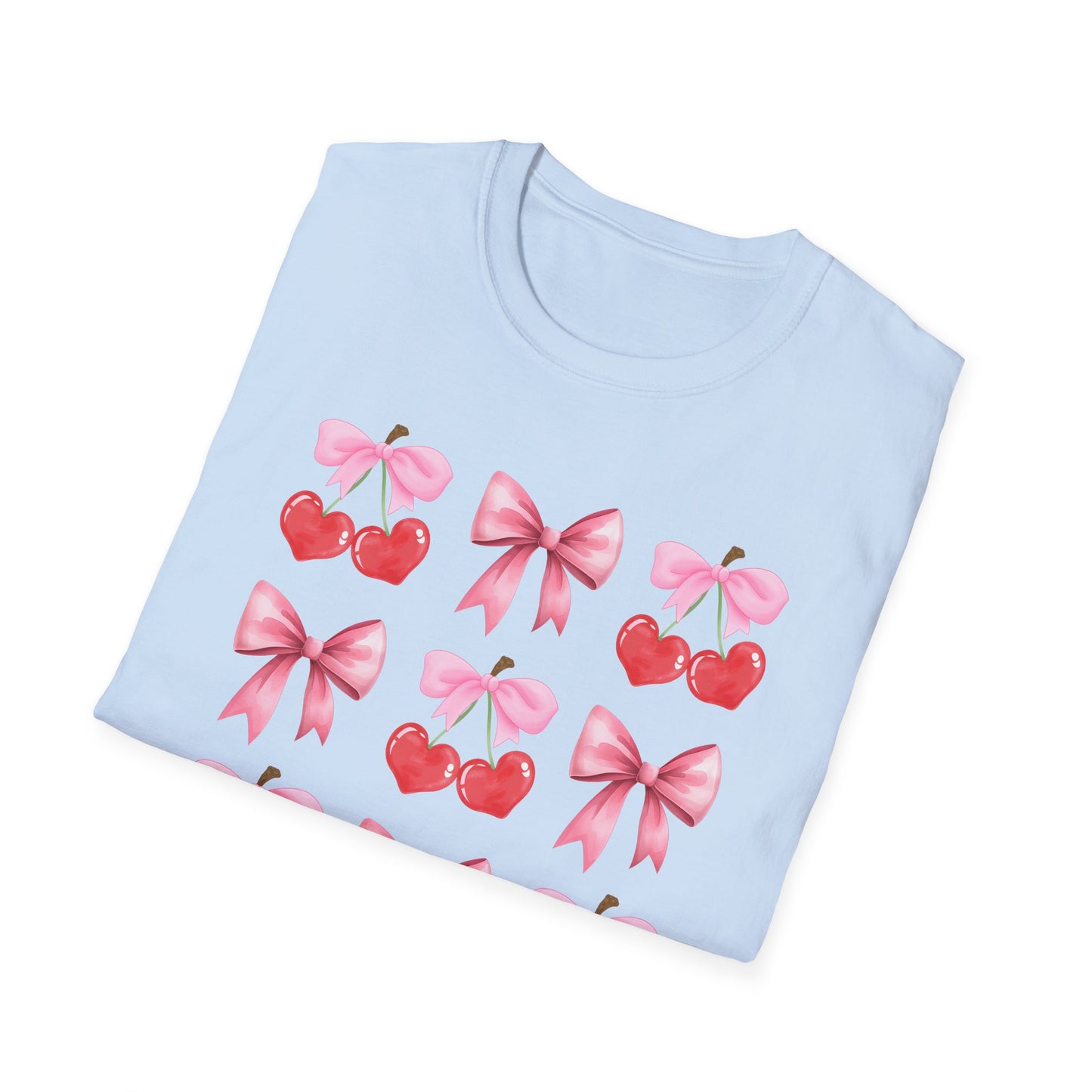 Delightful Pink Bow & Heart Cherry T-Shirt - Adorable Lovecore Aesthetic Tee for Her | Sweet Valentine's Gift