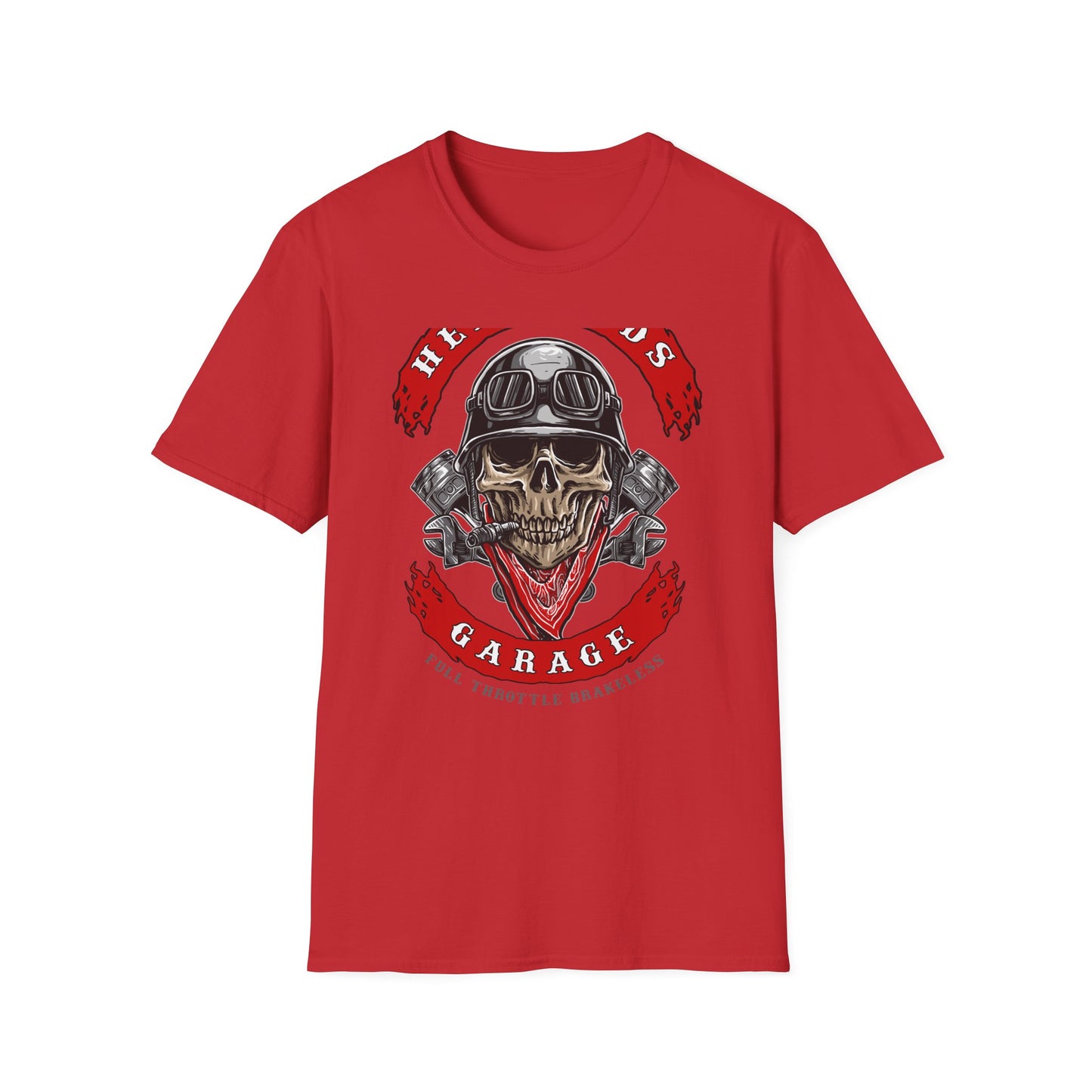 Epic Biker Skull T-Shirt: Hellroads Garage Full Throttle Design - Vintage Mechanic & Hot Rod Tee