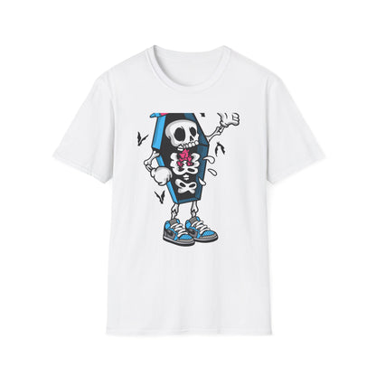 Hip Hop Skeleton Coffin Tee | Spooky Cool Streetwear T-Shirt with Sneakers & Bats | Unique Urban Style Graphic