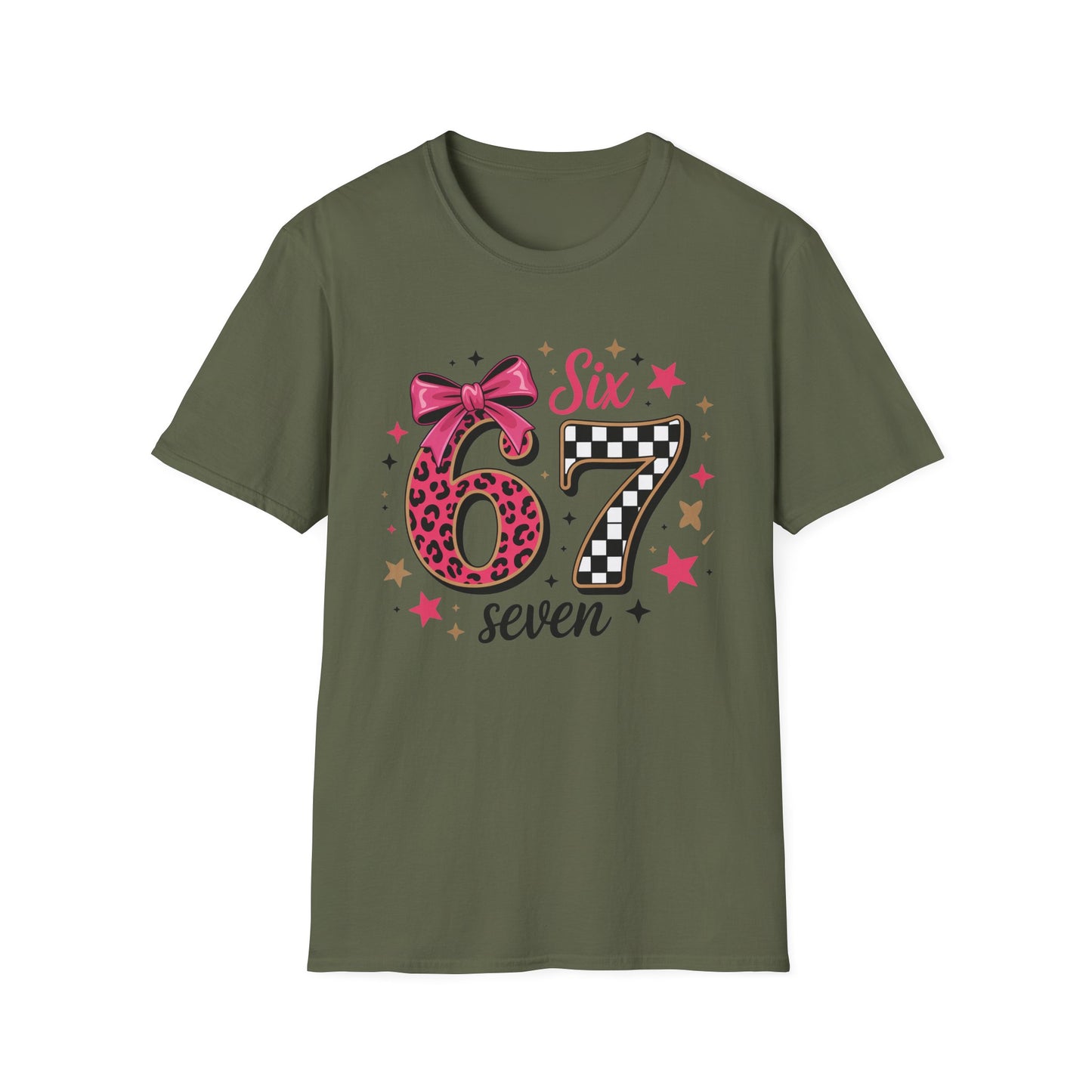 Glam Six & Seven Birthday T-Shirt for Girls | Trendy Pink Leopard Print 6 & 7 Kids Party Tee with Checkerboard & Sparkly Bow