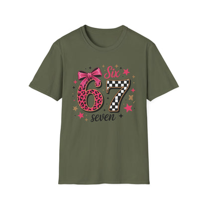 Glam Six & Seven Birthday T-Shirt for Girls | Trendy Pink Leopard Print 6 & 7 Kids Party Tee with Checkerboard & Sparkly Bow