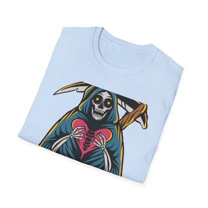 Bold Grim Reaper Heart T-Shirt | Unique Gothic Skeleton Love Tee | Edgy Macabre Statement Apparel