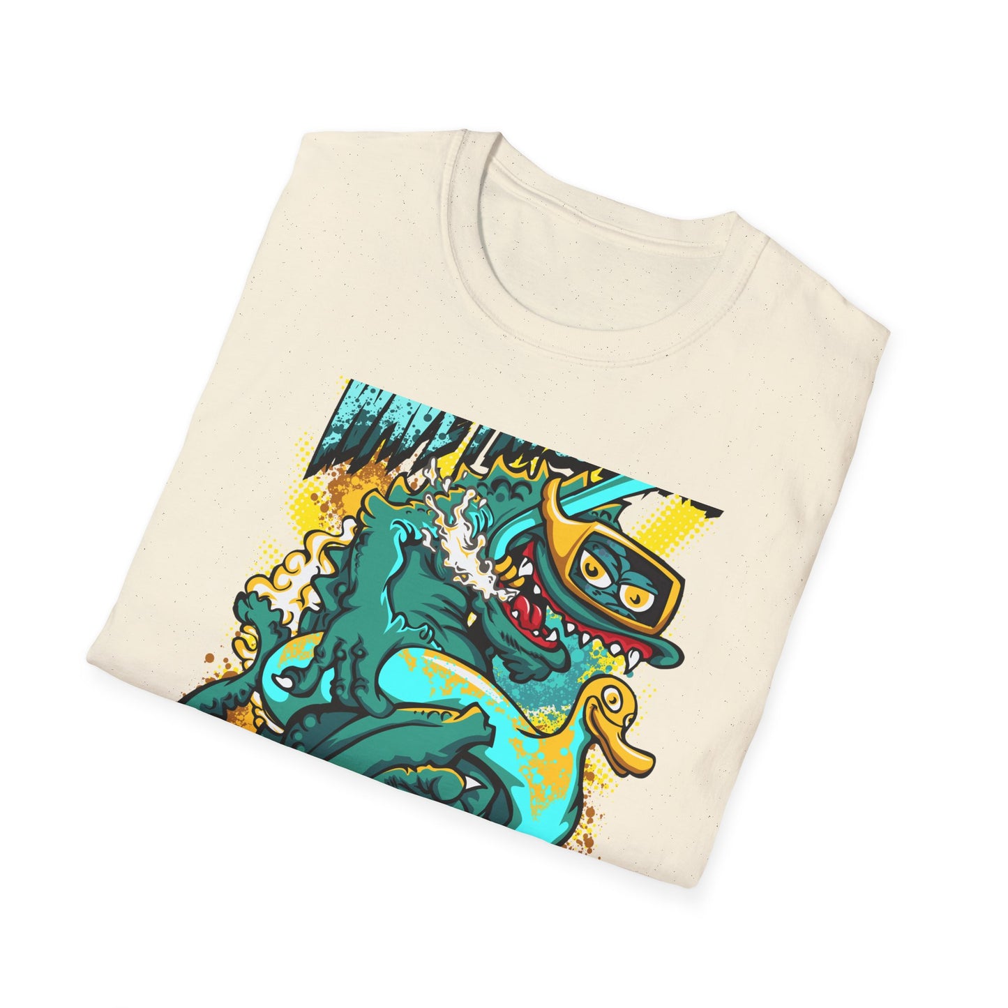 Epic 'WAVE I'M COMING' Monster T-Shirt - Hilarious Swimming Dragon & Duck Float Graphic Tee for Summer Fun & Beach Adventures