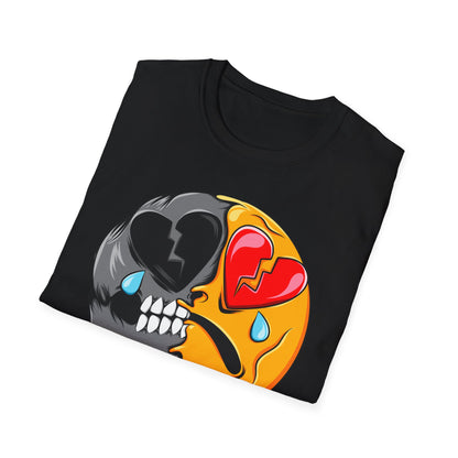 Unique Broken Heart Skull Emoji T-Shirt | Edgy Melted Sad Face Graphic Tee | Expressive Streetwear Statement