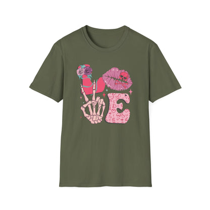 Edgy Pink Grunge T-Shirt: Skull Kiss, Peace Skeleton Hand, Roses & Heart Initial 'E' Design. Trendy Alt Fashion Tee.