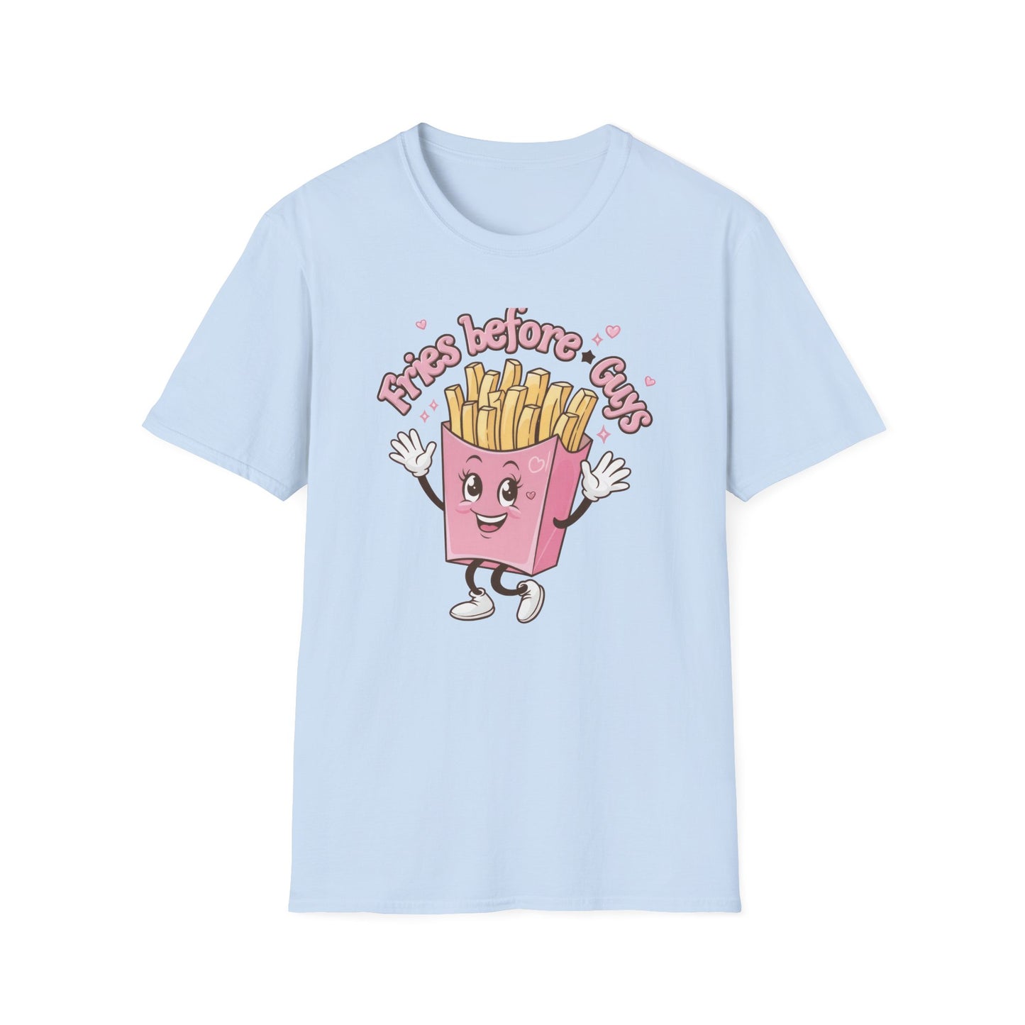Cute 'Fries Before Guys' T-Shirt | Adorable Pink French Fry Lover Tee | Funny Foodie Graphic Top for Women & Teens