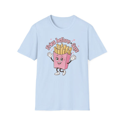 Cute 'Fries Before Guys' T-Shirt | Adorable Pink French Fry Lover Tee | Funny Foodie Graphic Top for Women & Teens