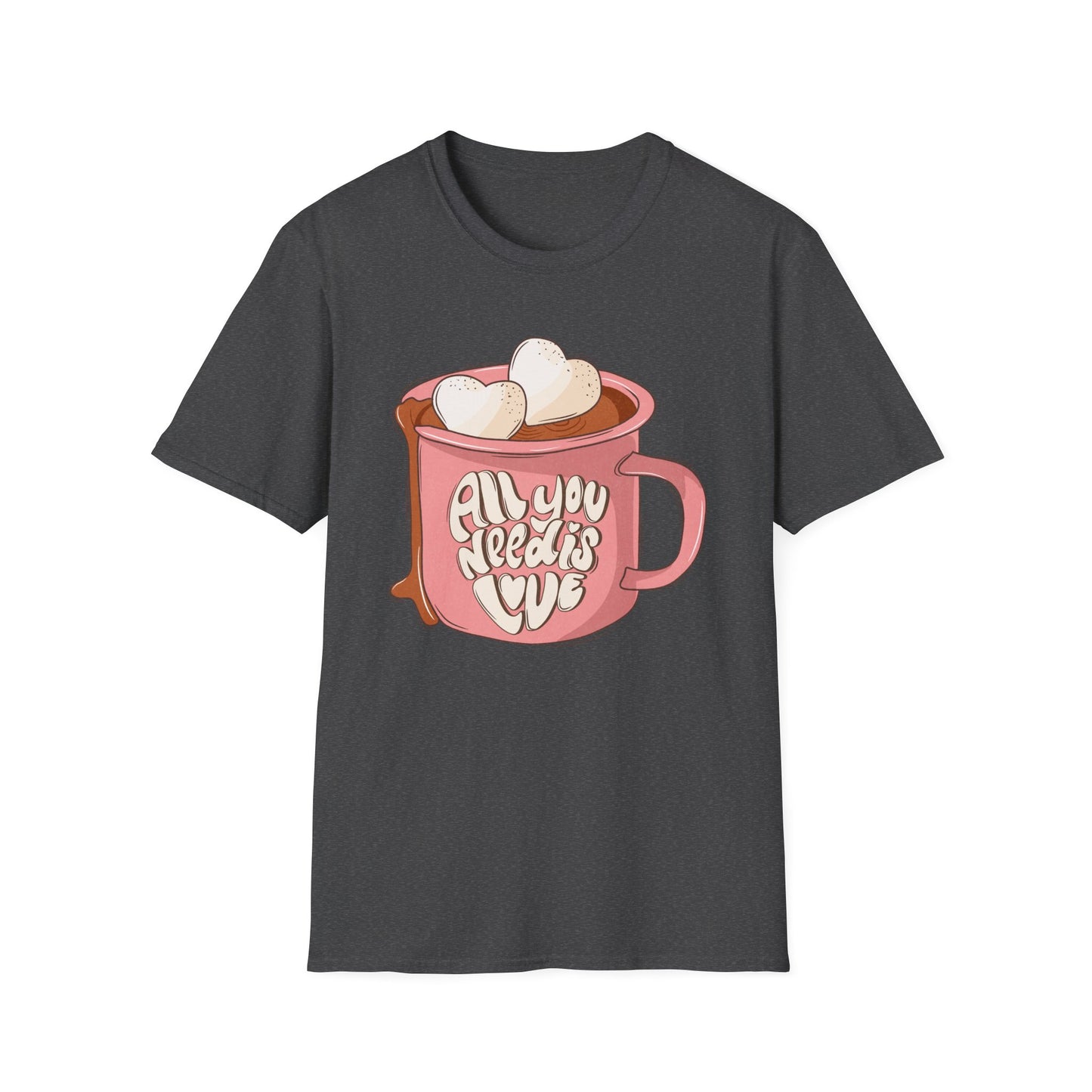 Sweet "All You Need Is Love" T-Shirt | Retro Hot Chocolate Mug with Heart Marshmallows | Adorable Valentine's Day & Cozy Love Tee