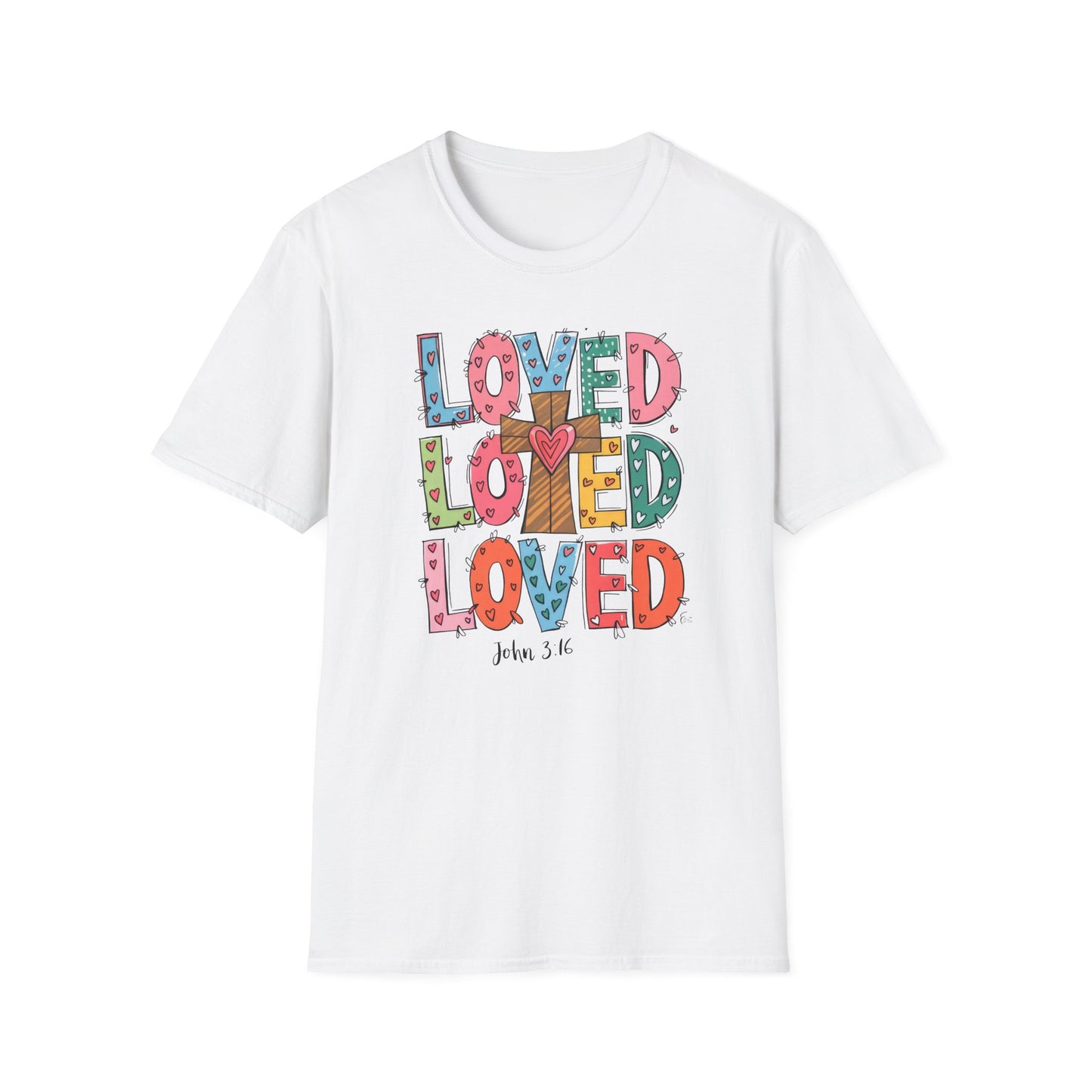 Vibrant Loved John 3:16 T-Shirt | Christian Faith Cross Hearts Tee | Uplifting Scripture Apparel for Women & Believers