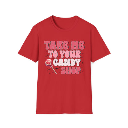 Sweet Retro Candy Shop T-Shirt | Groovy 'Take Me To Your Candy Shop' Tee with Heart Lollipop | Fun & Flirty Pop Culture Vibe