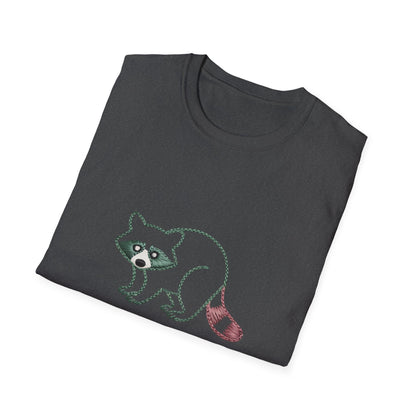 Hilarious Raccoon Running On Snacks T-Shirt | Unique Embroidered Style Animal Lover Tee | Funny Foodie Gift