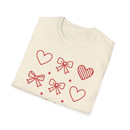 Charming Red Hearts & Bows Pattern T-Shirt | Adorable Love Core Graphic Tee for Women & Teens | Sweet Valentine's Day Gift Idea