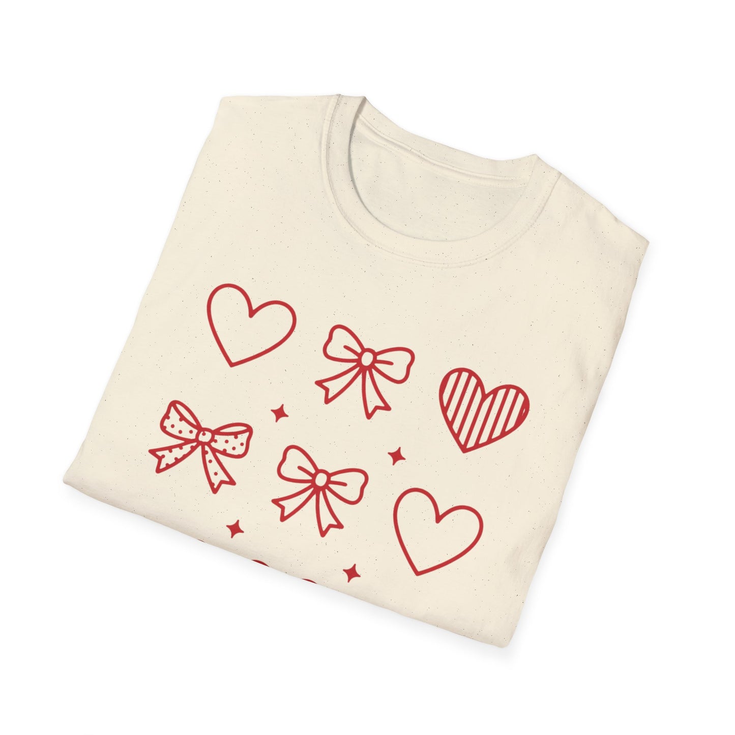 Adorable Red Hearts & Bows Pattern T-Shirt | Sweet Valentine's Day Love Graphic Tee for Women & Girls | Charming Romantic Gift
