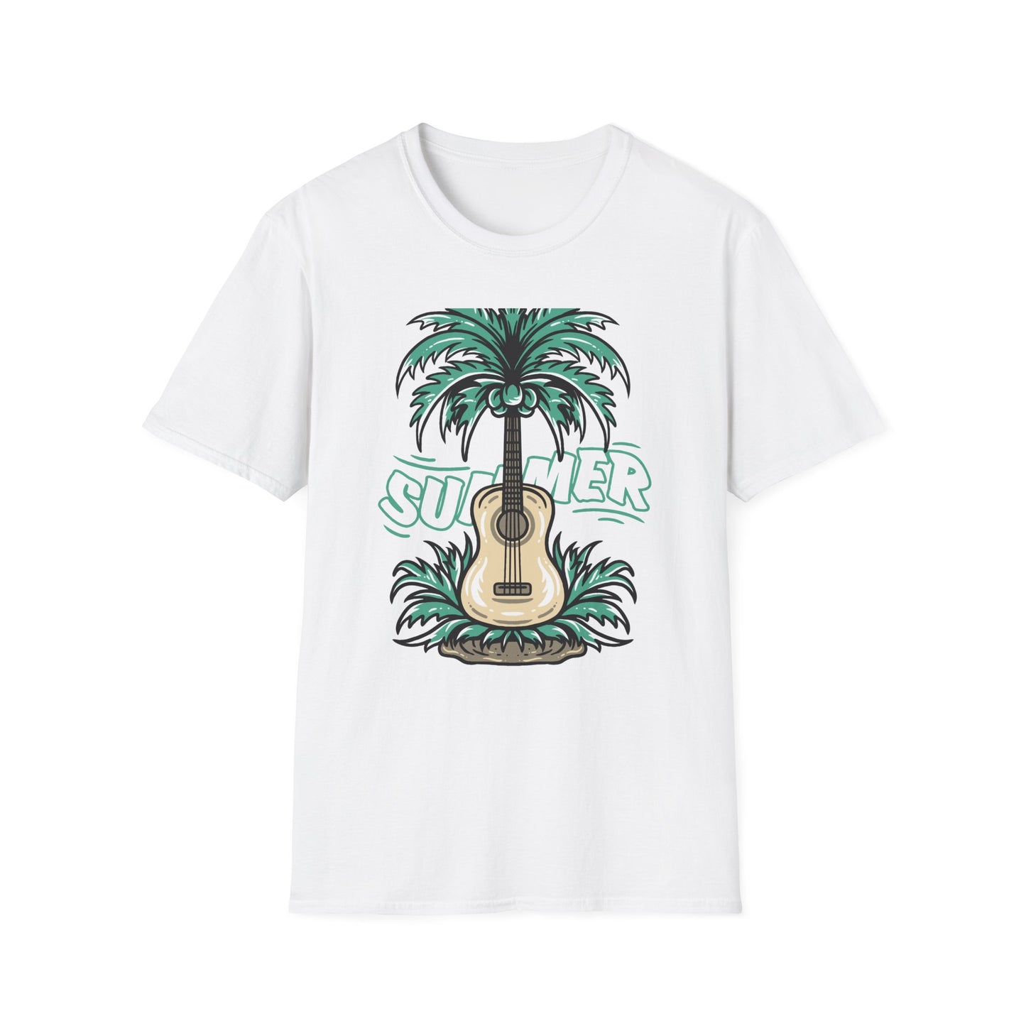 Vibrant Summer Guitar T-Shirt: Cool Palm Tree & Acoustic Beach Tee | Essential Music Lover Vacation Shirt