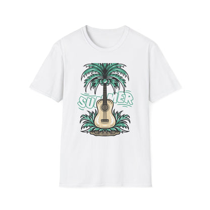 Vibrant Summer Guitar T-Shirt: Cool Palm Tree & Acoustic Beach Tee | Essential Music Lover Vacation Shirt