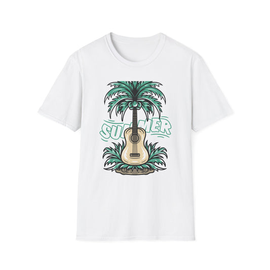 Vibrant Summer Guitar T-Shirt: Cool Palm Tree & Acoustic Beach Tee | Essential Music Lover Vacation Shirt