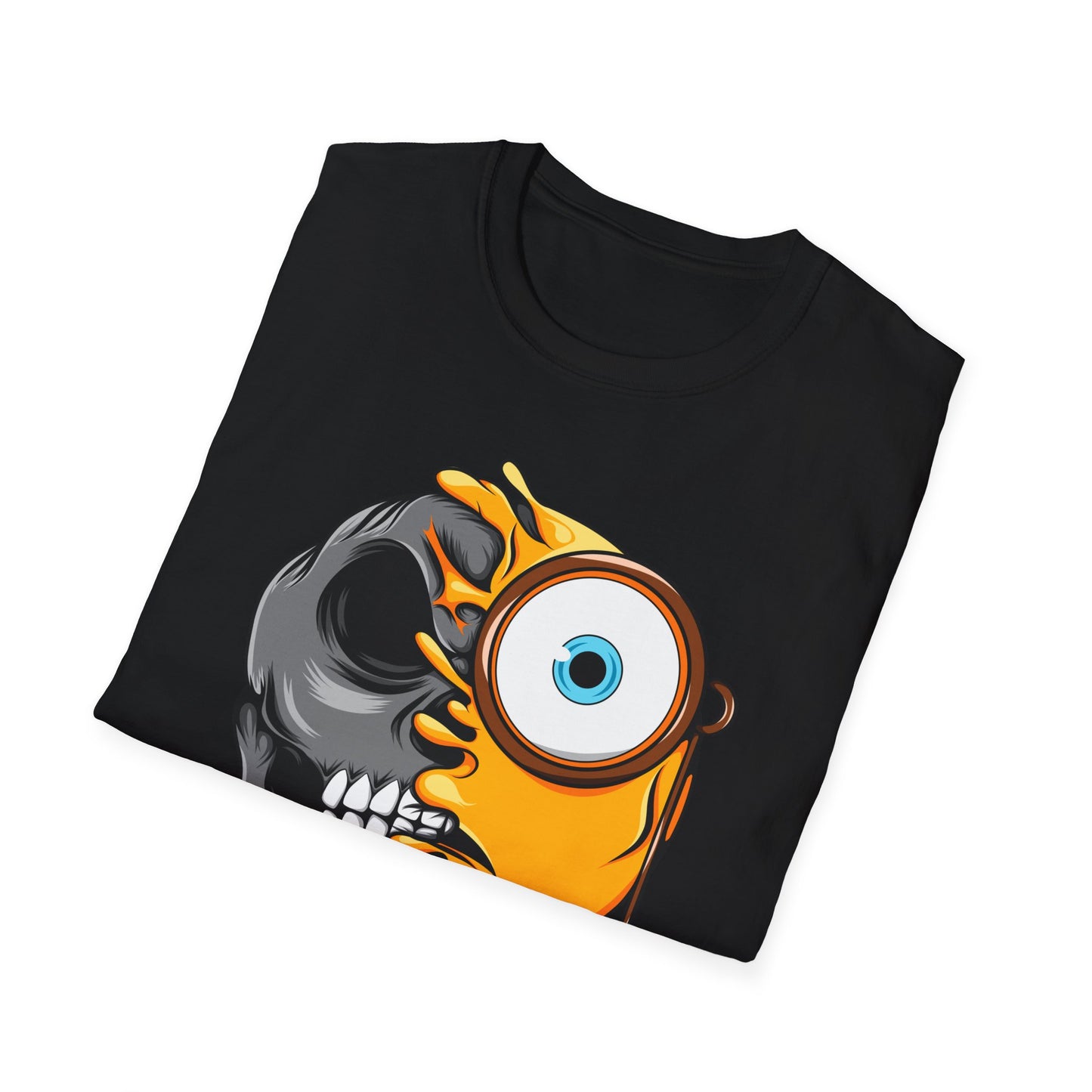 Edgy Half Skull Half Emoji T-Shirt | Unique Melting Monocle Face Tee | Awesome Duality Art for Bold Style