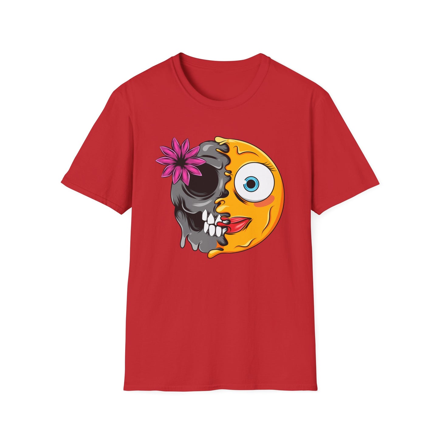 Striking Melting Emoji Skull T-Shirt – Unique Duality Graphic Tee for Edgy, Alternative & Goth Styles