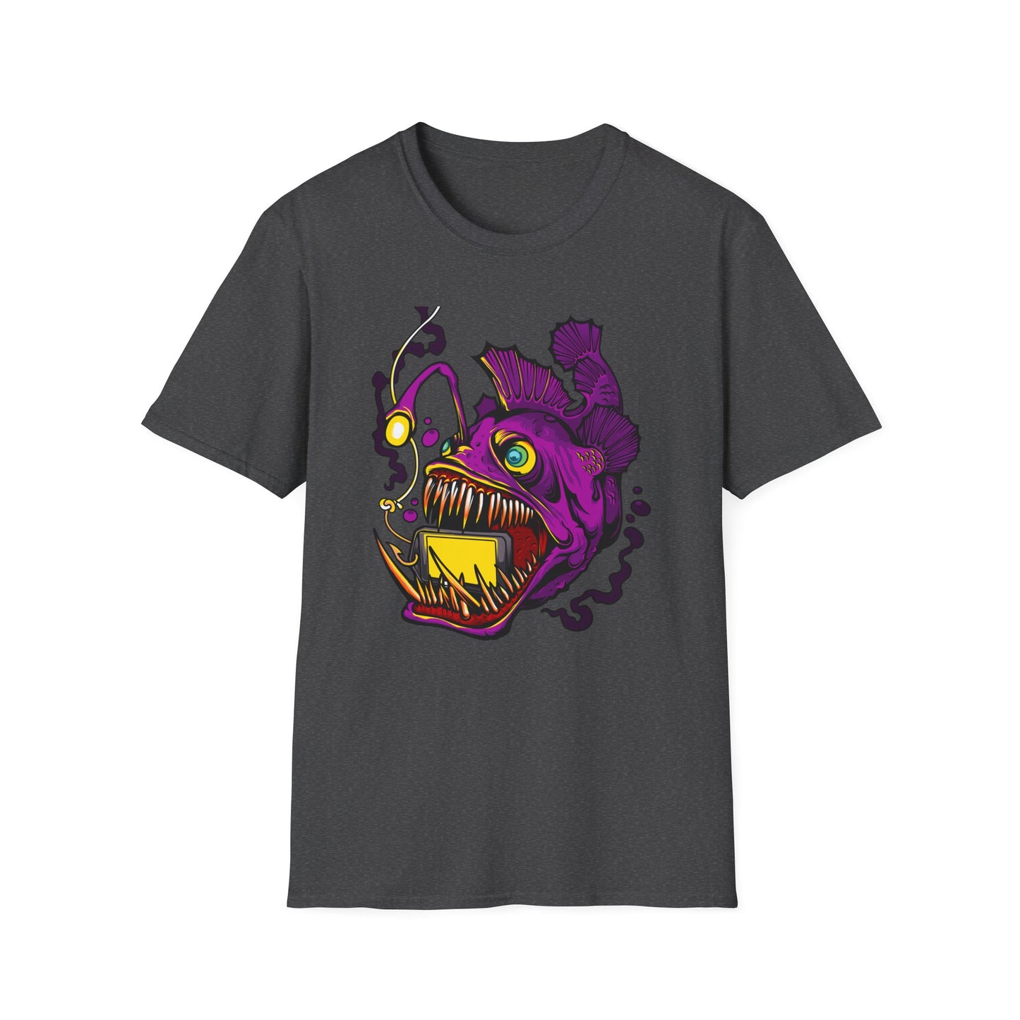 Fierce Anglerfish Smartphone T-Shirt - Deep Sea Tech Monster Graphic Tee | Unique & Trendy Gift for Gamers