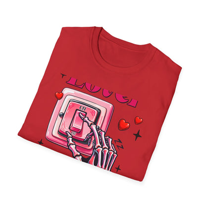 Unique Lover T-Shirt | Edgy Skeleton Hand & Love Switch Graphic Tee | Romantic Valentine's Day Statement Gift