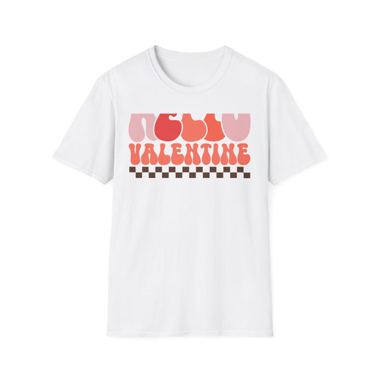 Groovy Hello Valentine T-Shirt - Retro 70s Style Tee with Checkerboard Print | Trendy Valentine's Day Gift for Her