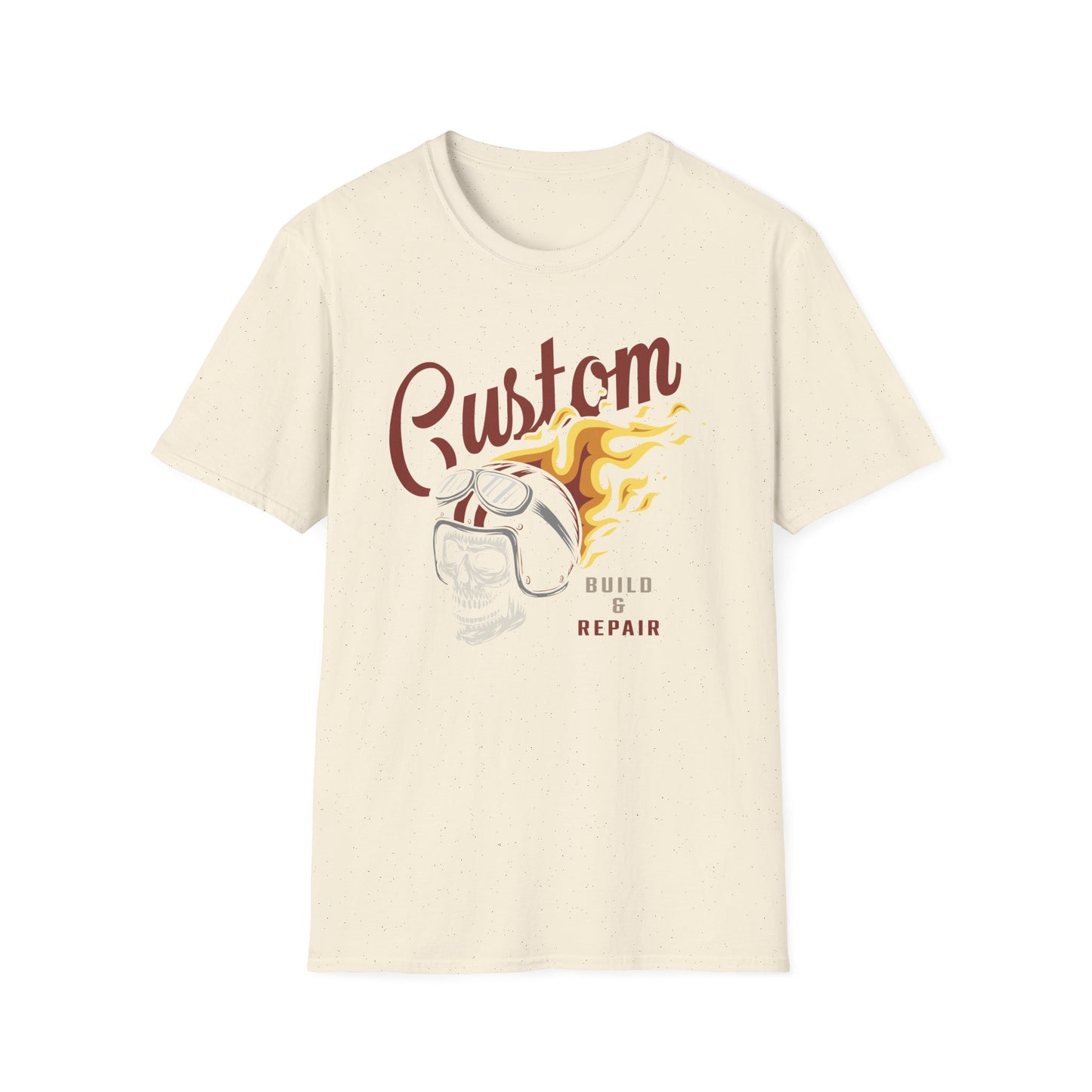 Custom Build & Repair T-Shirt | Vintage Biker Skull Flames Tee | Iconic Mechanic & Hot Rod Enthusiast Apparel