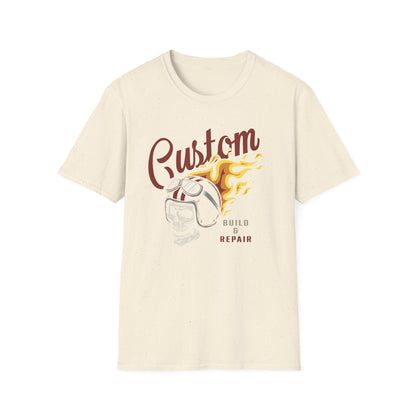 Custom Build & Repair T-Shirt | Vintage Biker Skull Flames Tee | Iconic Mechanic & Hot Rod Enthusiast Apparel