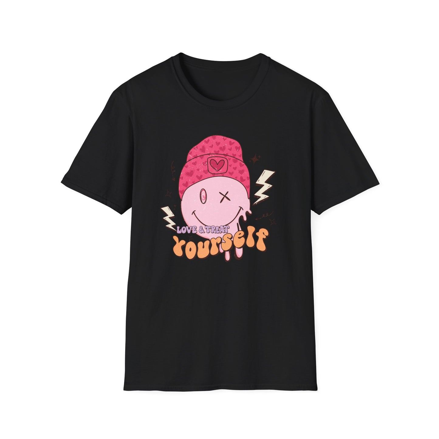 Trendy Groovy Melting Smiley T-Shirt - Empowering 'Love & Treat Yourself' Retro Self-Care Tee for Women