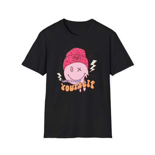 Trendy Groovy Melting Smiley T-Shirt - Empowering 'Love & Treat Yourself' Retro Self-Care Tee for Women