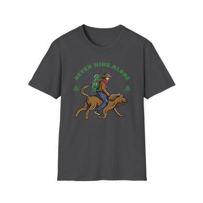 Never Hike Alone T-Shirt | Epic Hiker & Dog Lover Tee for Outdoor Adventures | Companion Goal Shirt Gift