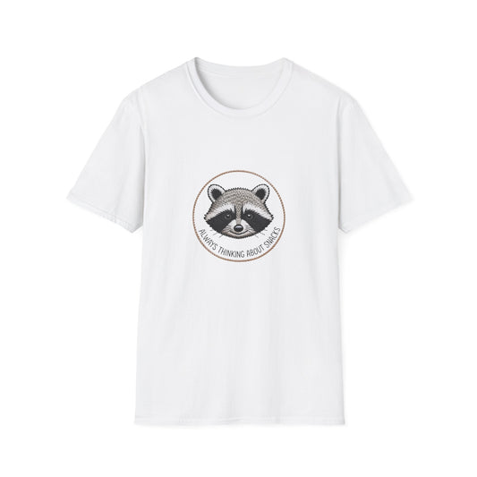 Adorable Raccoon Snack Lover T-Shirt | 'Always Thinking About Snacks' Funny Animal Graphic Tee - Comfy & Unique Gift