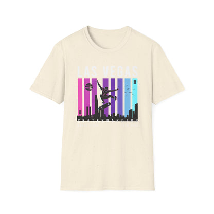 Dynamic Neon Skater T-Shirt | Urban City Skyline Streetwear Tee | Vibrant Skateboarding Style Apparel for All