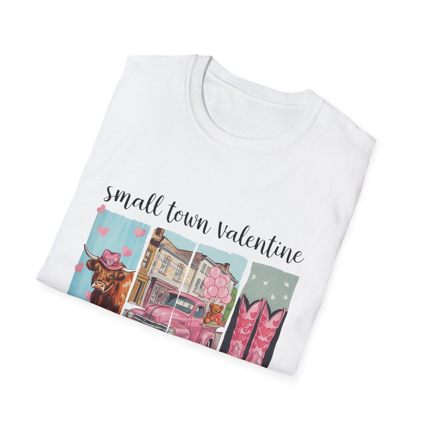Charming Small Town Valentine T-Shirt | Cute Highland Cow, Pink Truck & Cowboy Boots | Adorable Romantic Gift for Her