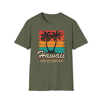 Awesome Vintage Hawaii Surf Session 1987 T-Shirt | Retro Palm Tree Beach Sunset Tee for 80s Style