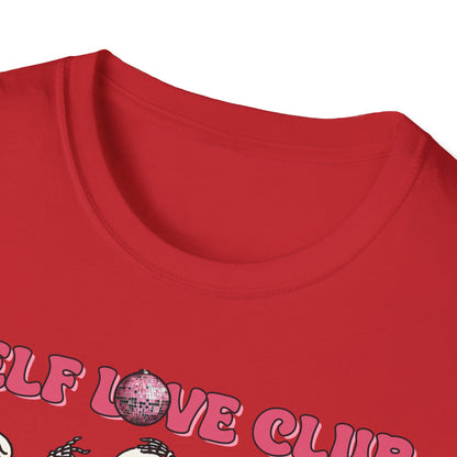 Groovy Self Love Club T-Shirt | Empowering Dancing Skeletons & Disco Ball Design | Trendy & Unique Top