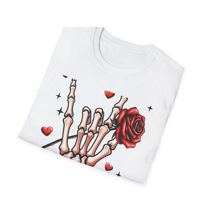 Unleash Your Dark Romance: 'Loved to Dead' Skeleton Rock Hand Rose T-Shirt | Edgy Gothic Valentine's Gift
