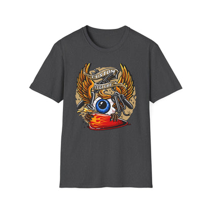 Epic Custom Culture T-Shirt | Bold Flaming Eye & Biker Wings Design | Unleash Your Rebel Spirit - Hot Rod Tee