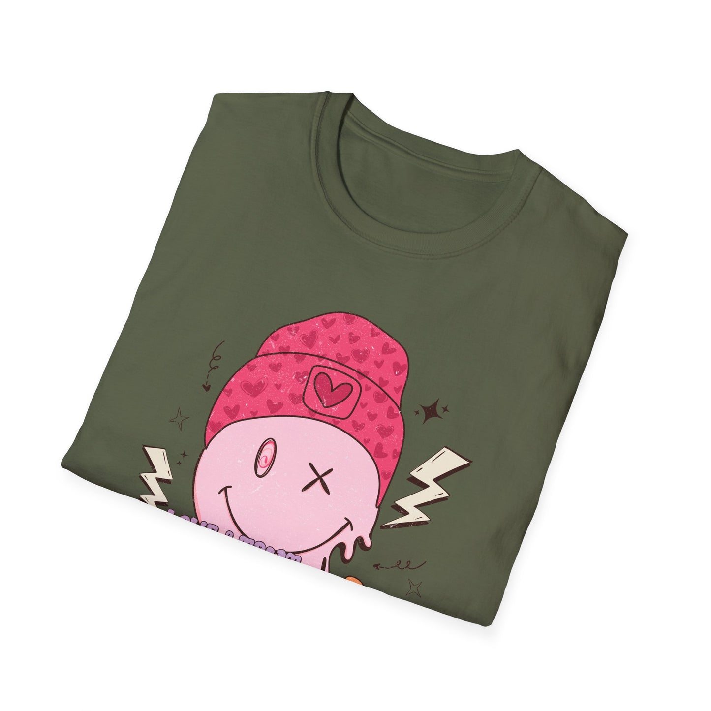 Trendy Groovy Melting Smiley T-Shirt - Empowering 'Love & Treat Yourself' Retro Self-Care Tee for Women