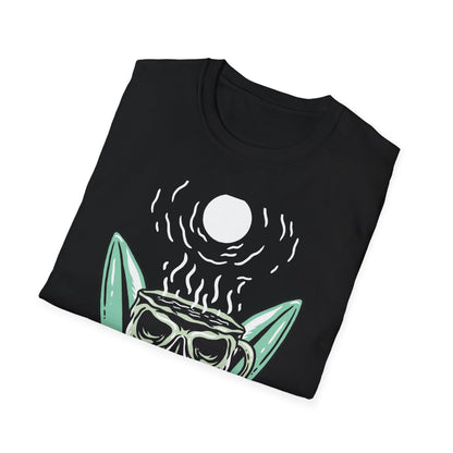 Skull Coffee Surfboard T-Shirt | Edgy Summer Beach Vibes Tee | Unique Design for Coffee Lovers & Surfers