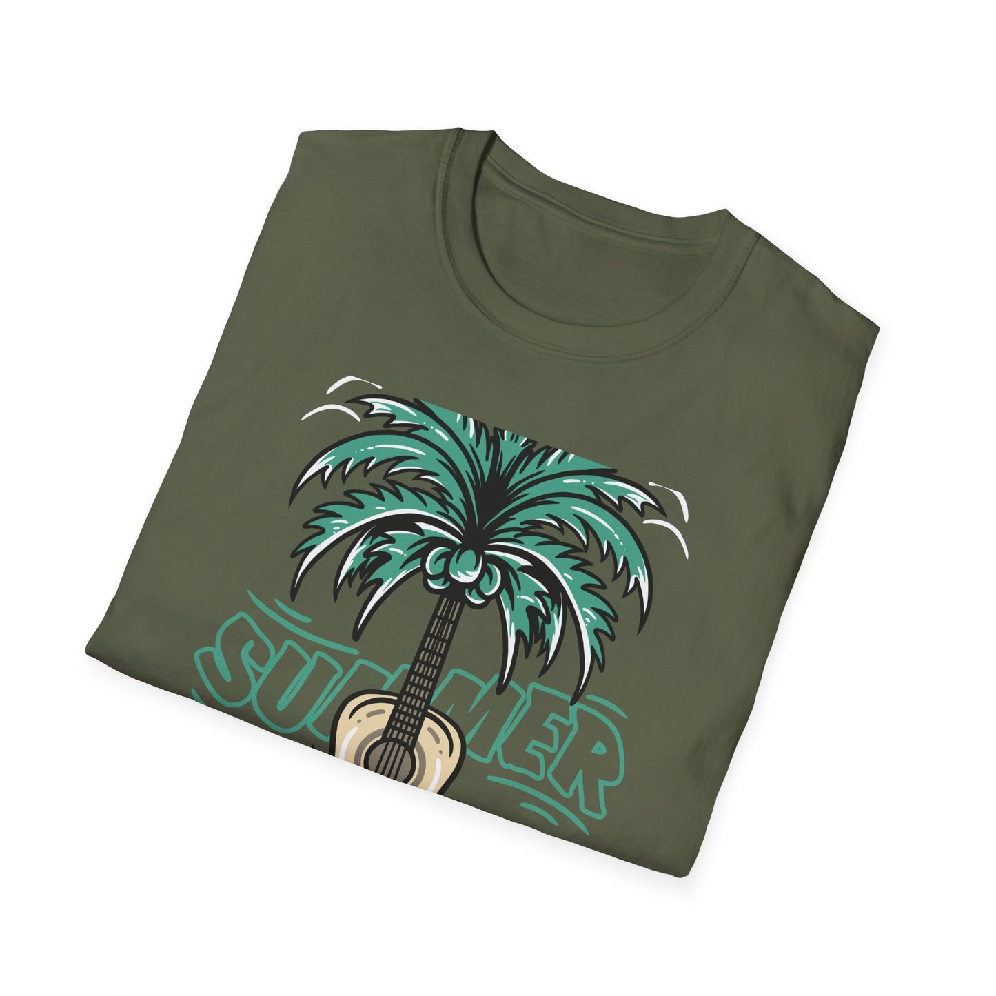 Vibrant Summer Guitar T-Shirt: Cool Palm Tree & Acoustic Beach Tee | Essential Music Lover Vacation Shirt