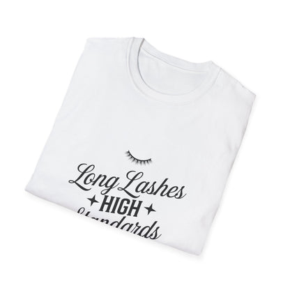 Chic Long Lashes & High Standards T-Shirt | Empowering Beauty Attitude Tee for Confident Women