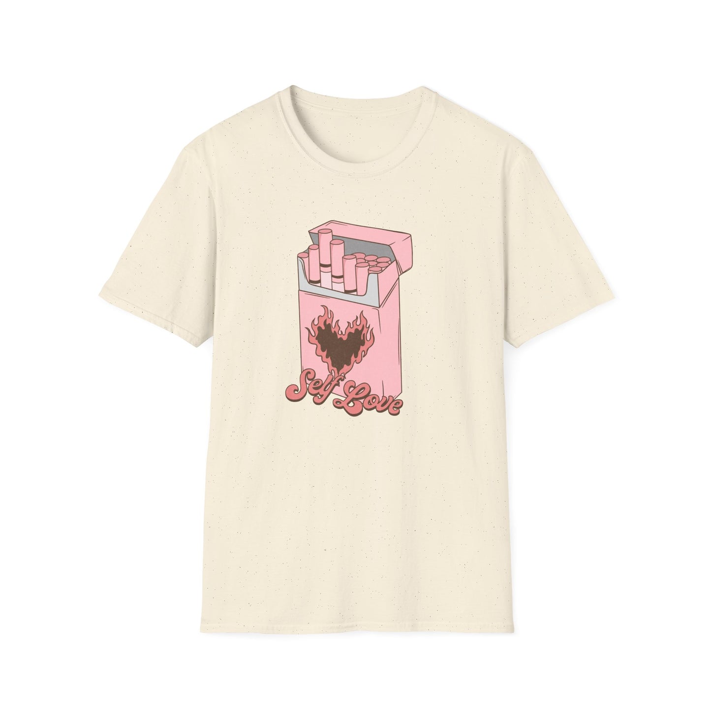 Unique Self Love T-Shirt | Pink Retro Cigarette Pack & Flaming Heart Design | Empowering Aesthetic Tee