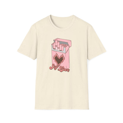 Unique Self Love T-Shirt | Pink Retro Cigarette Pack & Flaming Heart Design | Empowering Aesthetic Tee