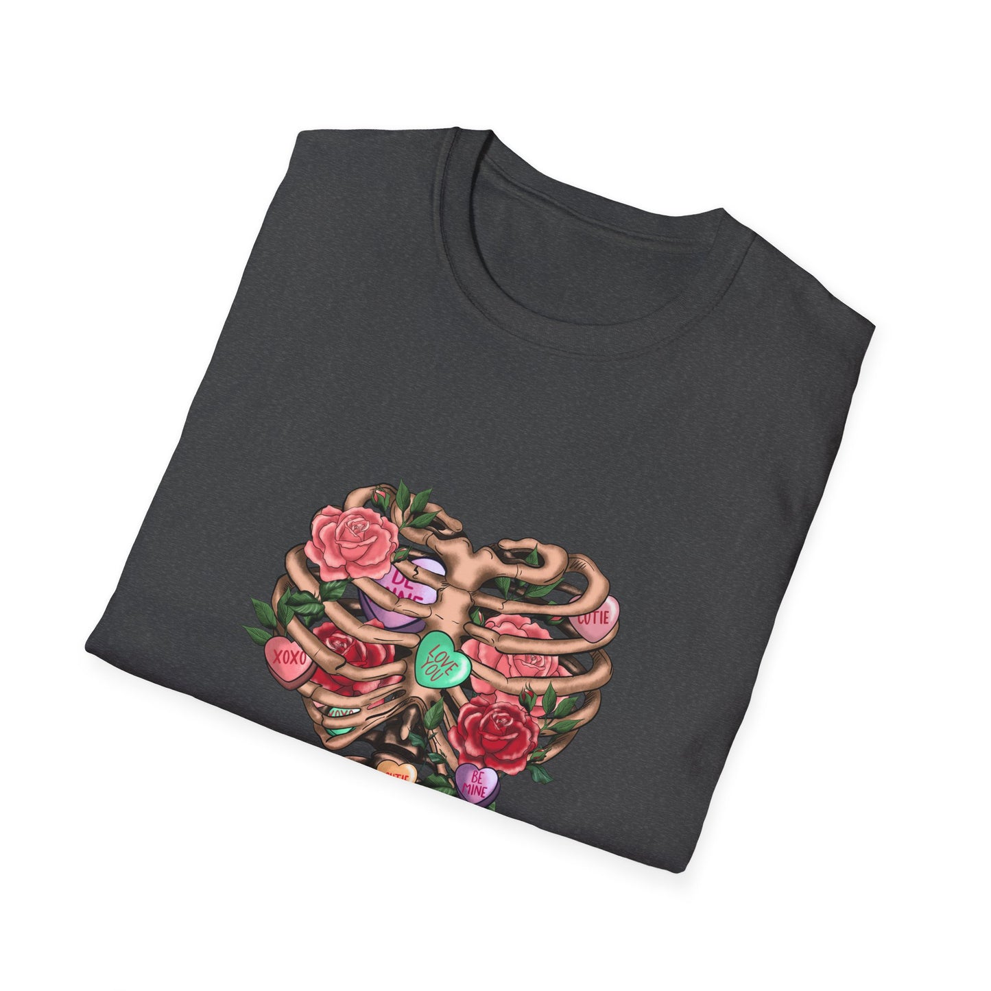 Captivating Anatomical Love Rib Cage T-Shirt - Edgy Floral Valentine's Day Conversation Hearts Tee for Unique Romance