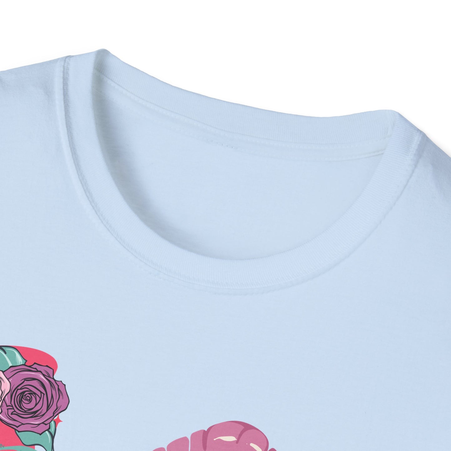 Edgy Pink Grunge T-Shirt: Skull Kiss, Peace Skeleton Hand, Roses & Heart Initial 'E' Design. Trendy Alt Fashion Tee.
