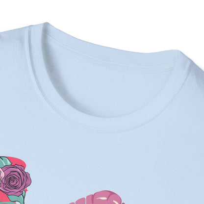 Edgy Pink Grunge T-Shirt: Skull Kiss, Peace Skeleton Hand, Roses & Heart Initial 'E' Design. Trendy Alt Fashion Tee.
