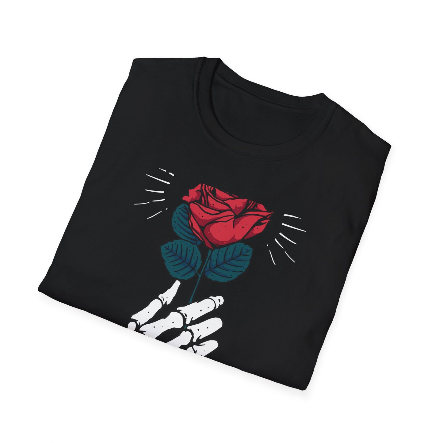 Striking Skeleton Hand Holding Rose T-Shirt | Unique Gothic Love Tee | Captivating Alt Fashion Top for Edgy Style