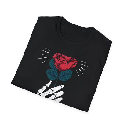 Striking Skeleton Hand Holding Rose T-Shirt | Unique Gothic Love Tee | Captivating Alt Fashion Top for Edgy Style