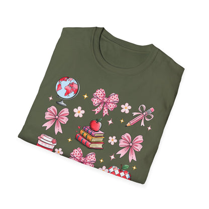 Awesome Teacher Appreciation T-Shirt | 'Teaching Is A Work of Heart' Tee | Cute School Supplies & Pink Bows Gift